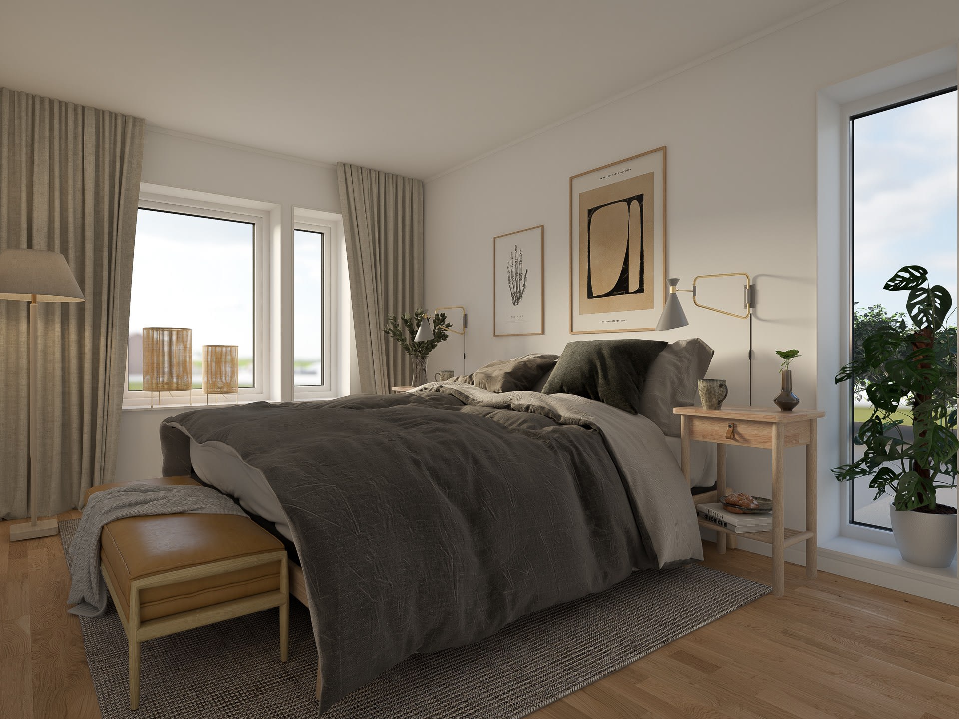 Illustrationsbild: Sovrum med stor dubbelsäng med grått täcke. Fönster släpper in ljus utifrån.