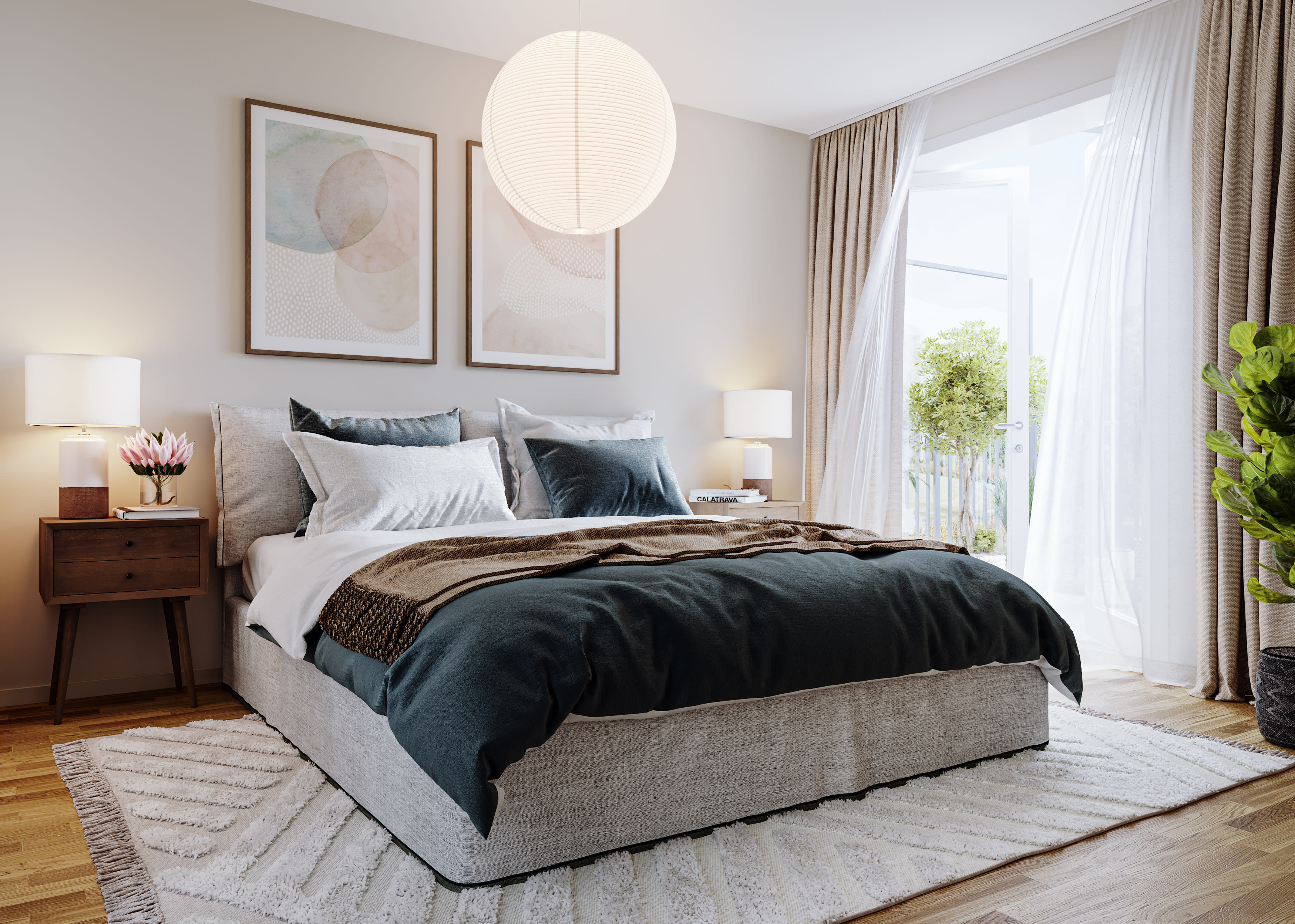 Rymligt sovrum i designlinje ”Sommar” med ekgolv och ljusa väggar i en lätt beigegrå ton. Utgång till balkong mot den trevliga innergården (visionsbild).