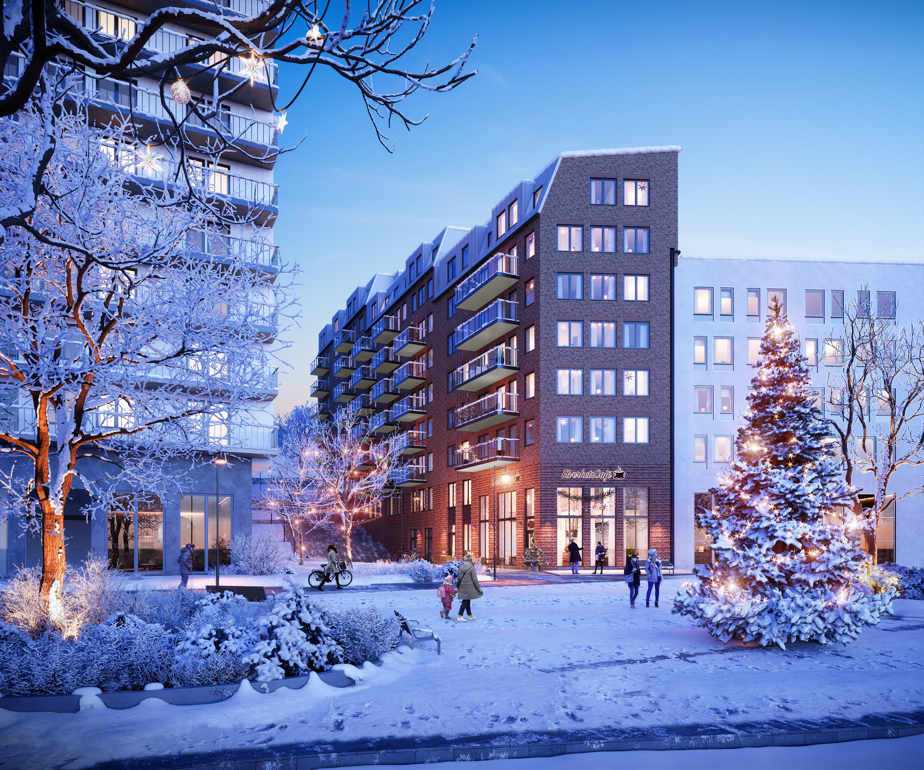 Visionsbild: Flerbostadshus i rött tegel, framför ett snötäckt torg med människor i rörelse.