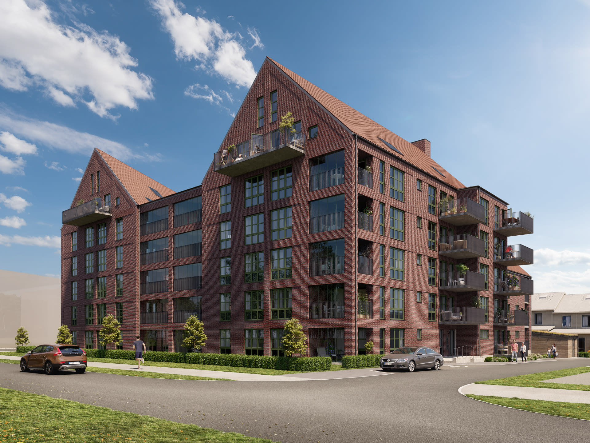 I Brf Fabriken finns 49 lägenheter. Arkitekturen hämtar inspiration från klassiska röda tegelbyggnader. De spetsiga taknockarna kompletteras med moderna spröjsade fönster.