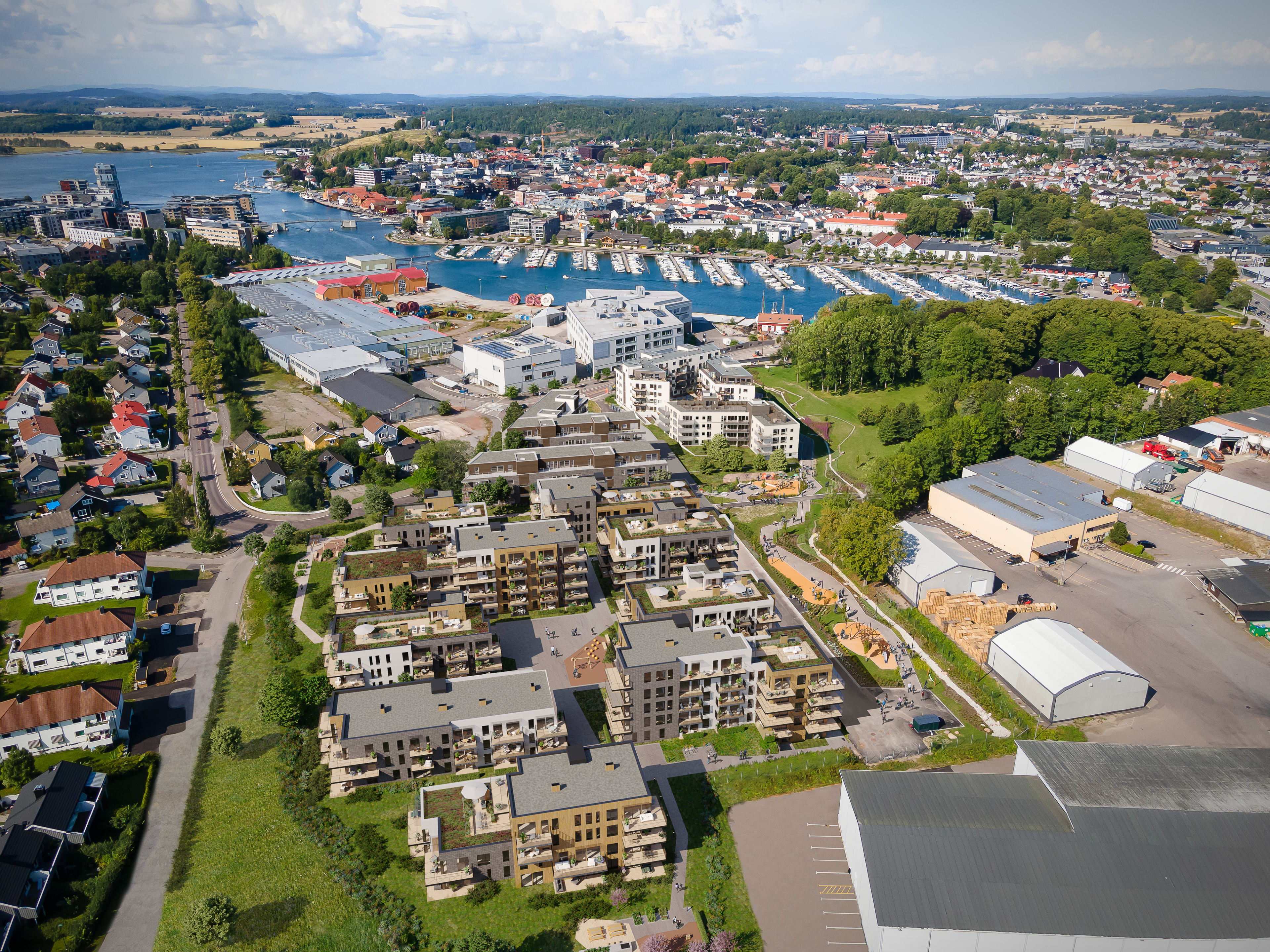 Illustrasjon av boligprosjektet Teieparken i Tønsberg, med eksisterene bebyggelse.