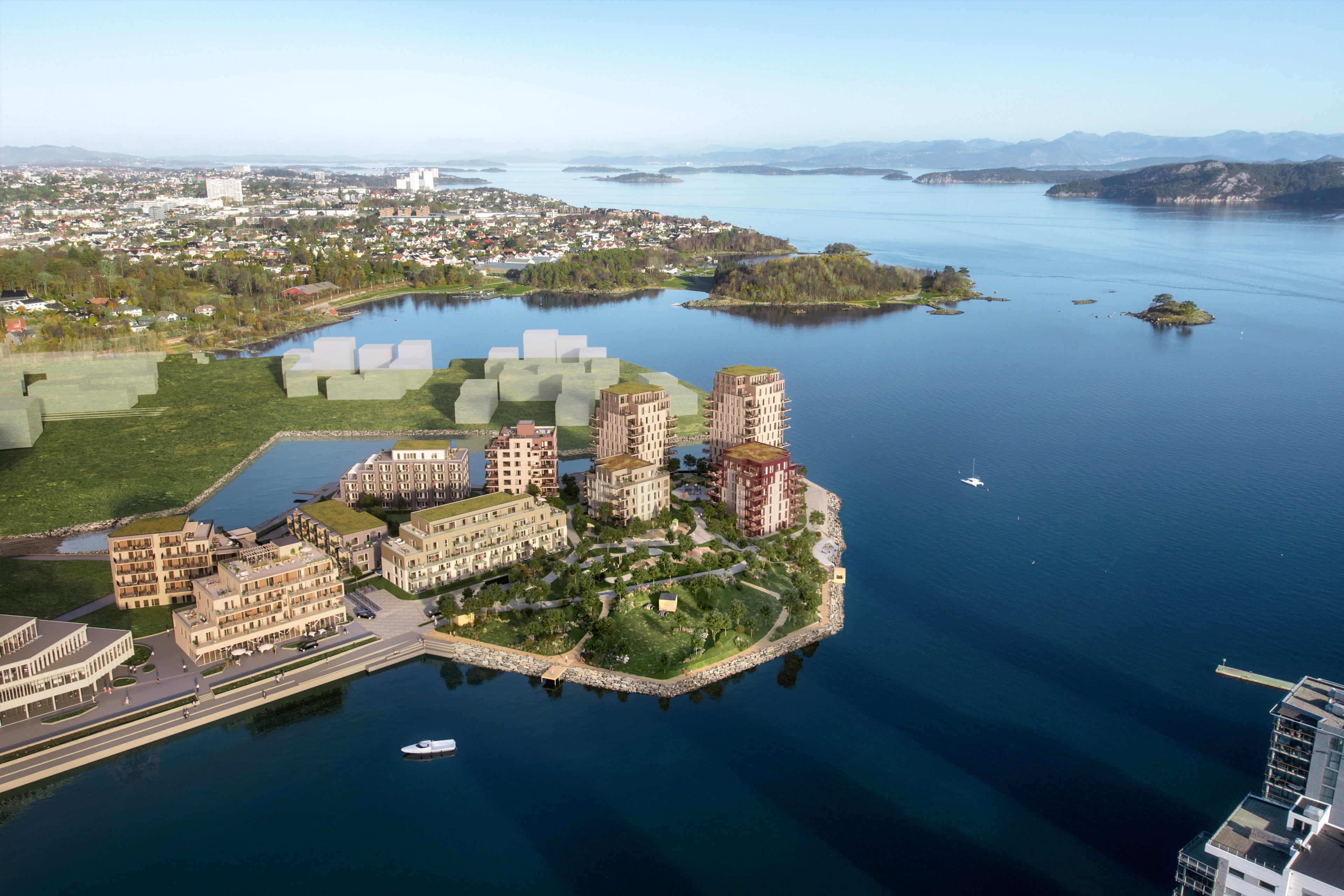 Illustrasjon av området til boligprosjektet Odden i Hinna Park ved fjorden.