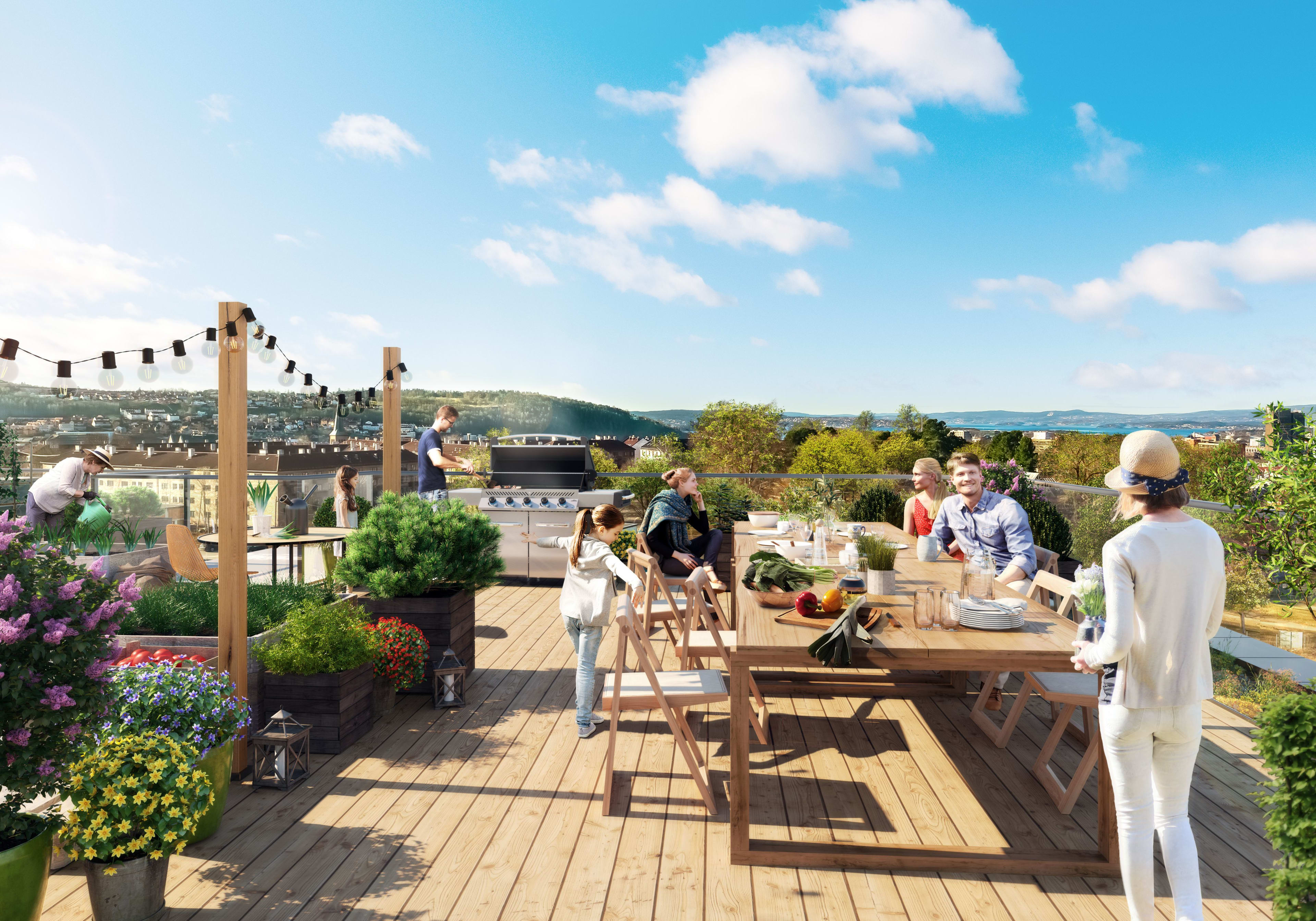 Illustrasjonsbilde av en takterrasse med beplantning, grill, langbord og beboere i Lumanders hage