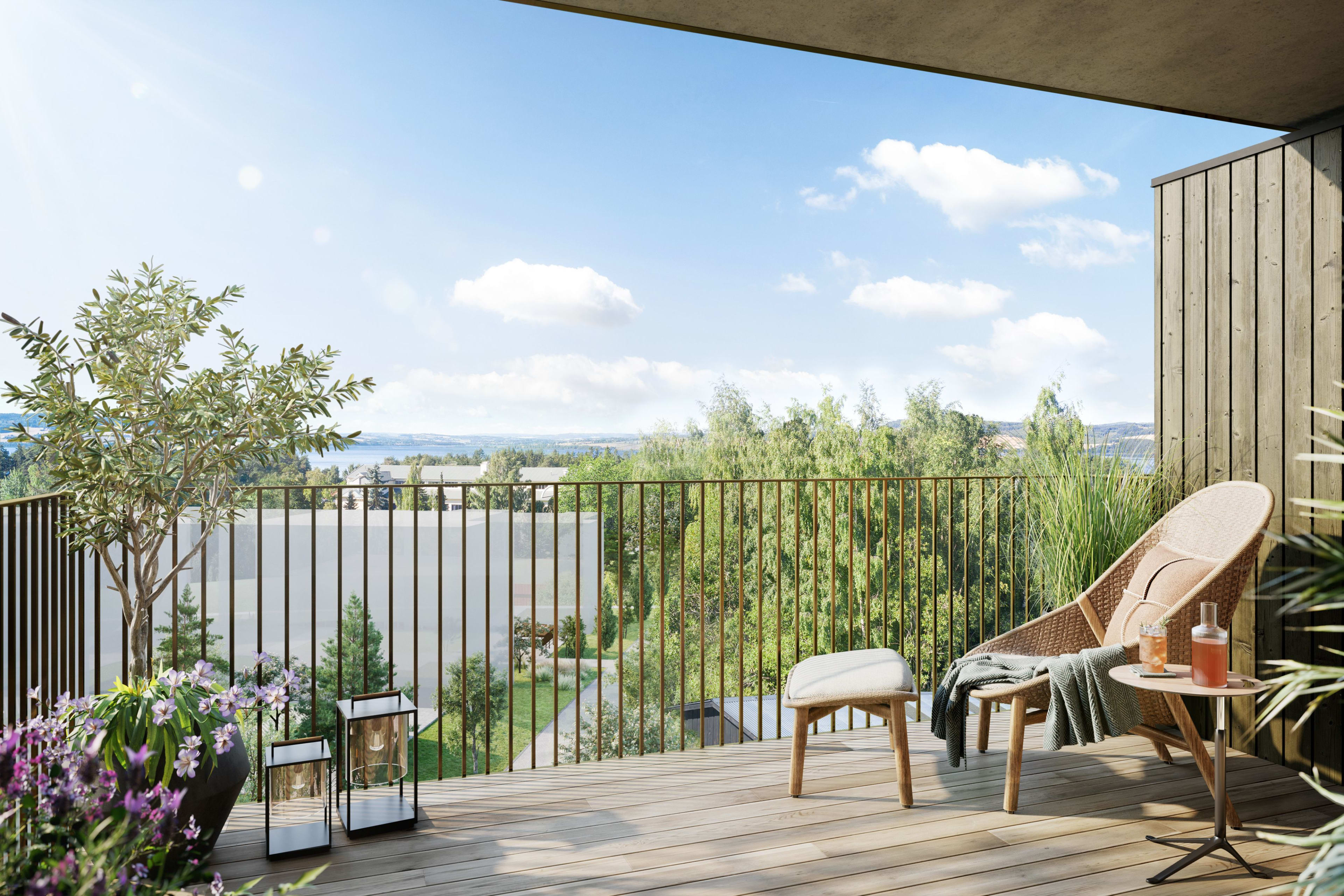 Illustrasjon av en balkong med møbler og fin utsikt fra en leilighet i Stålverket torg