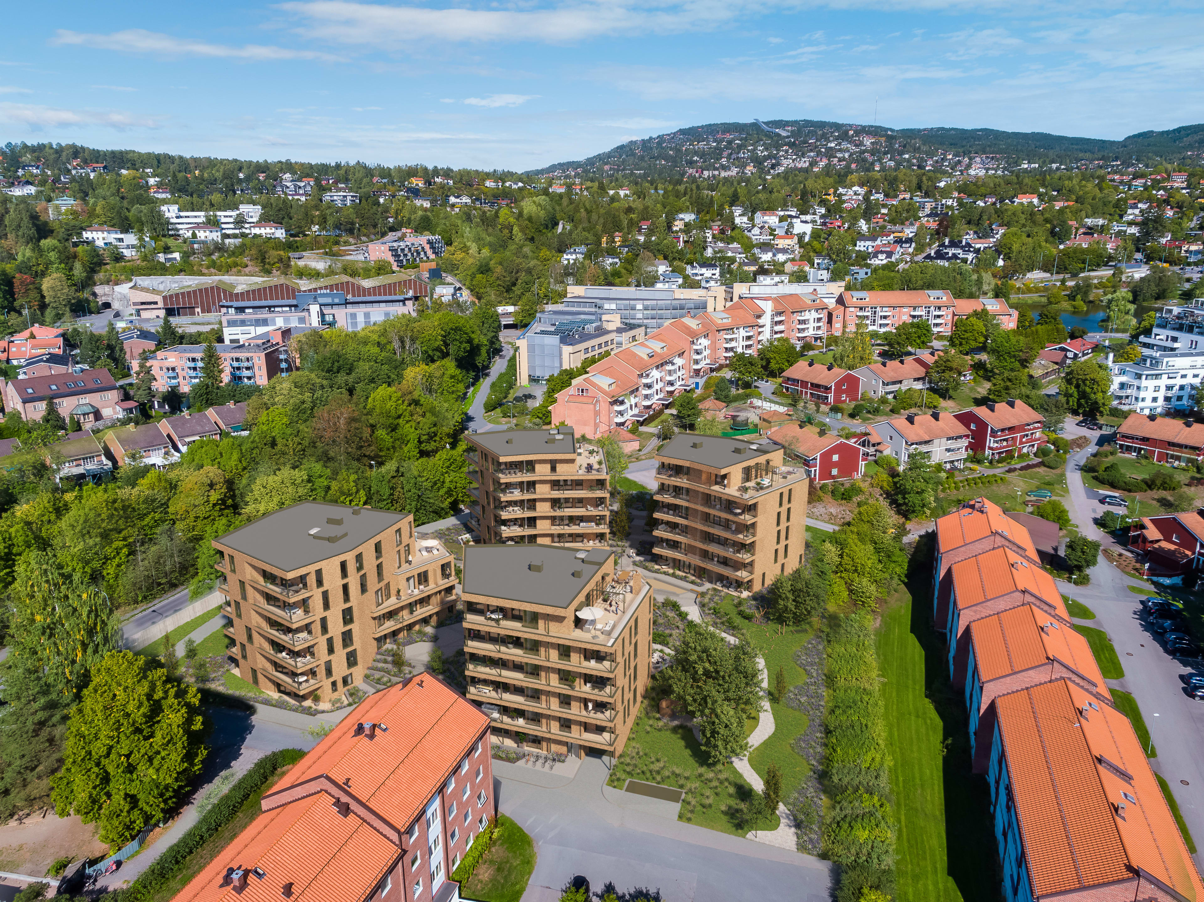 Oversiktsfoto med illustrasjon av boligprosjektet Hoffsveien hage, med utsikt over Oslo og Holmenkollen.