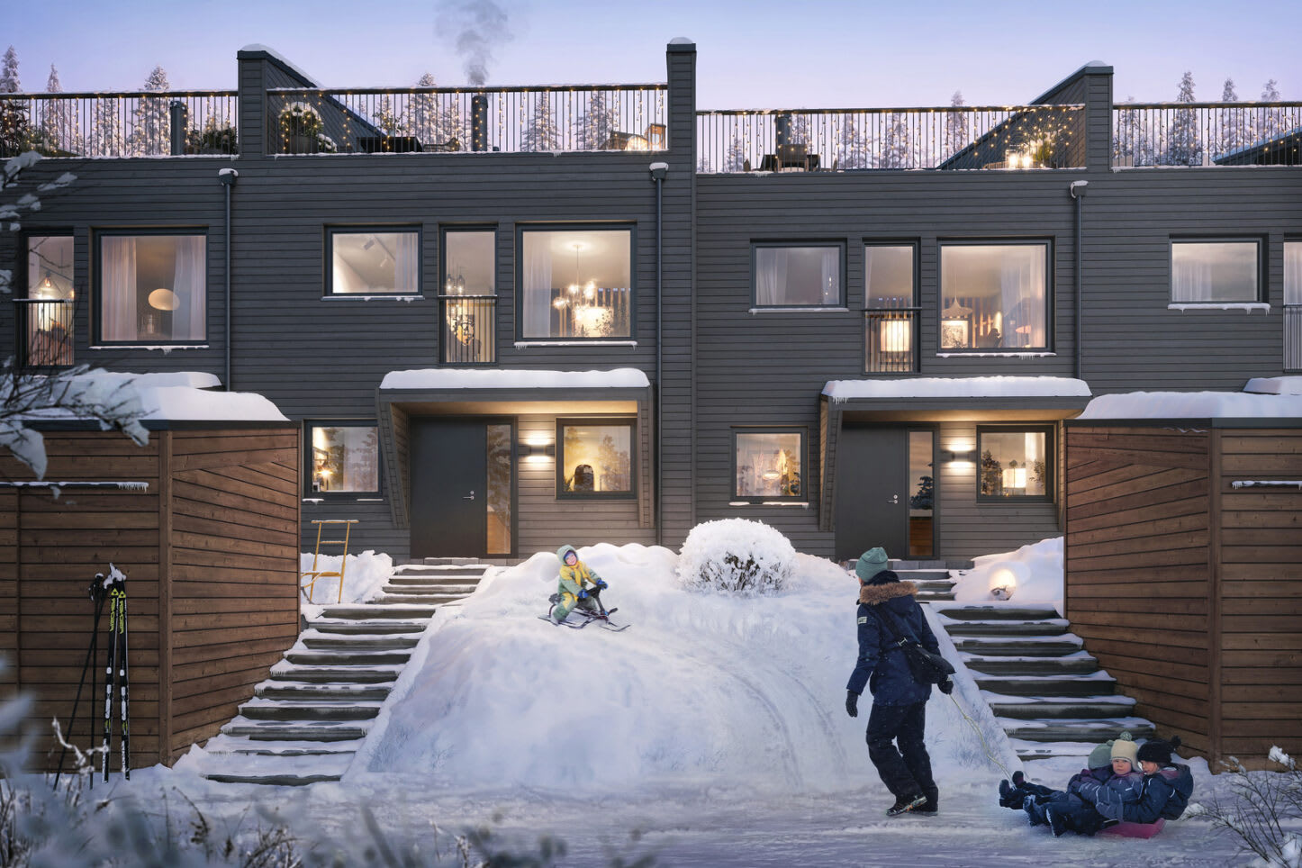 Illustrasjon av barn som leker ut med akebrett foran et av rekkehusene i Vitigrend om vinteren