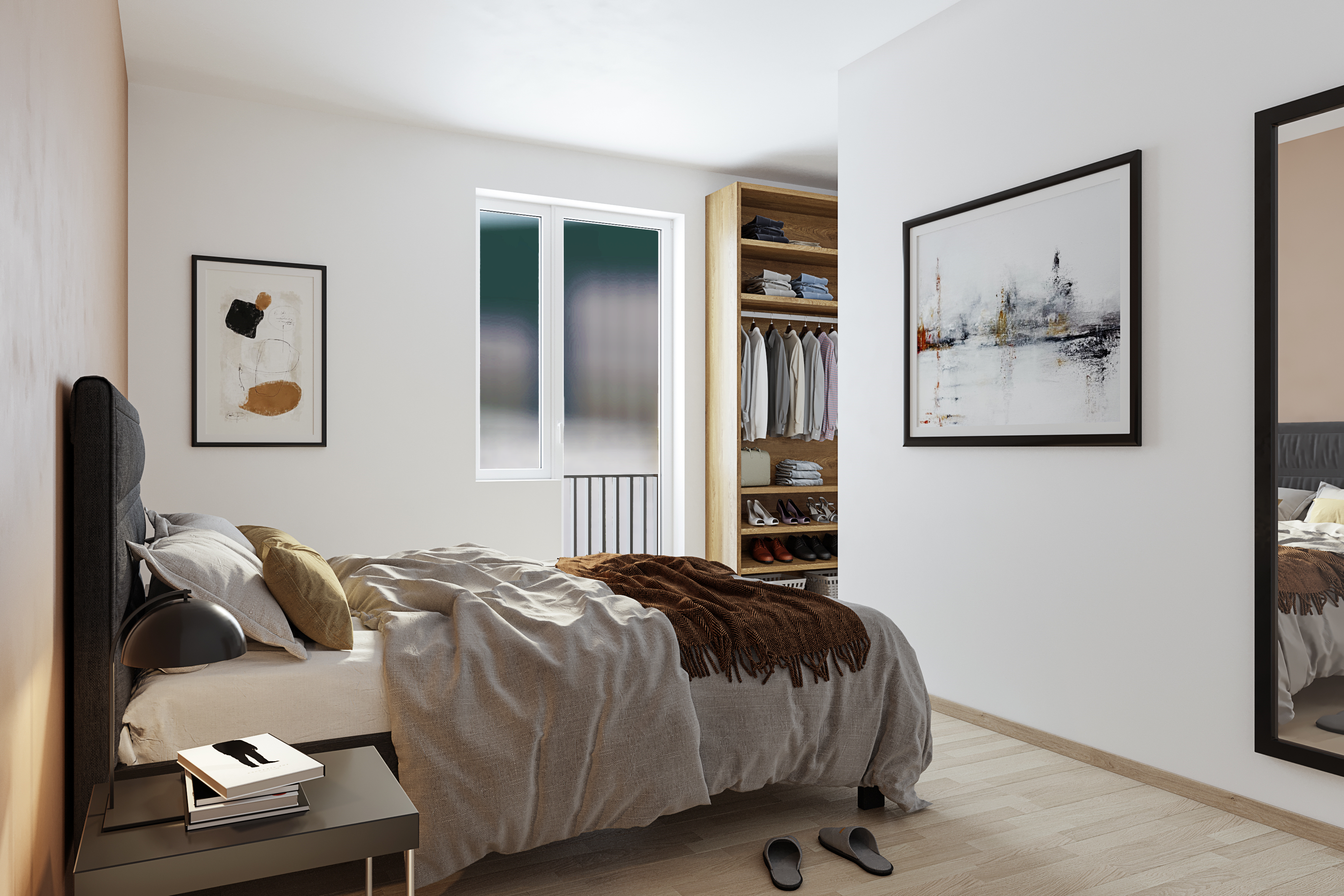 Illustrasjon av et romslig soverom med god plass til seng og garderobe i Leangenbukta.