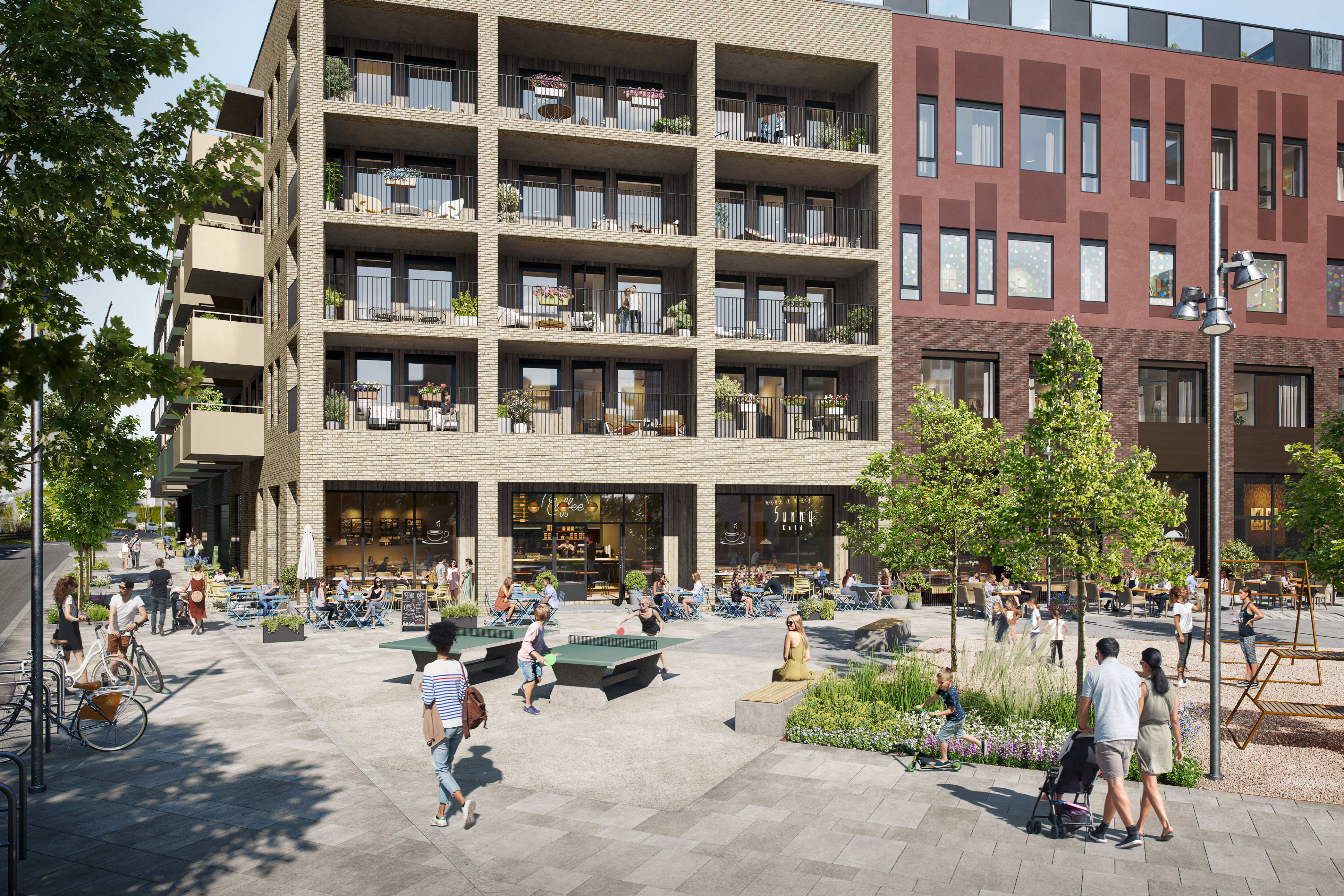 Illustrasjon av uteområdet og torget utenfor en av leilighetsblokkene på Vollebekk