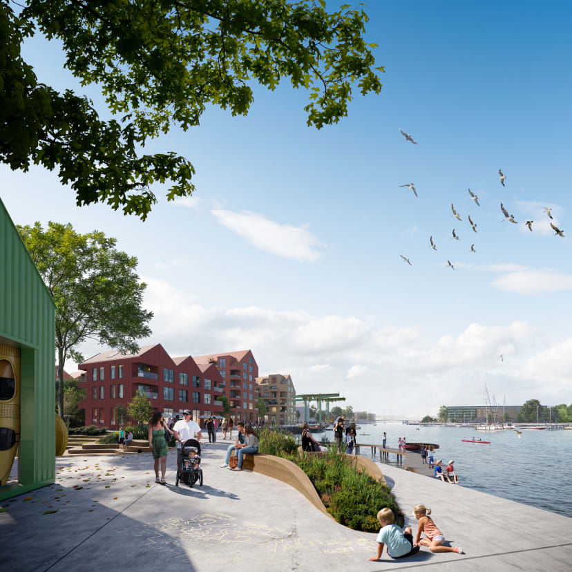 Illustrasjon av kaipromenaden ved boligprosjektet Kanalbredden på en sommerdag.