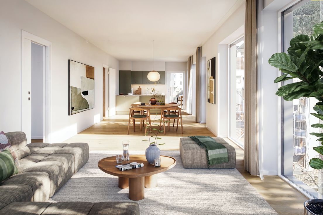 Illustrasjon av spisestue og kjøkken sett fra stue, i leilighet på Nøstebukten brygge