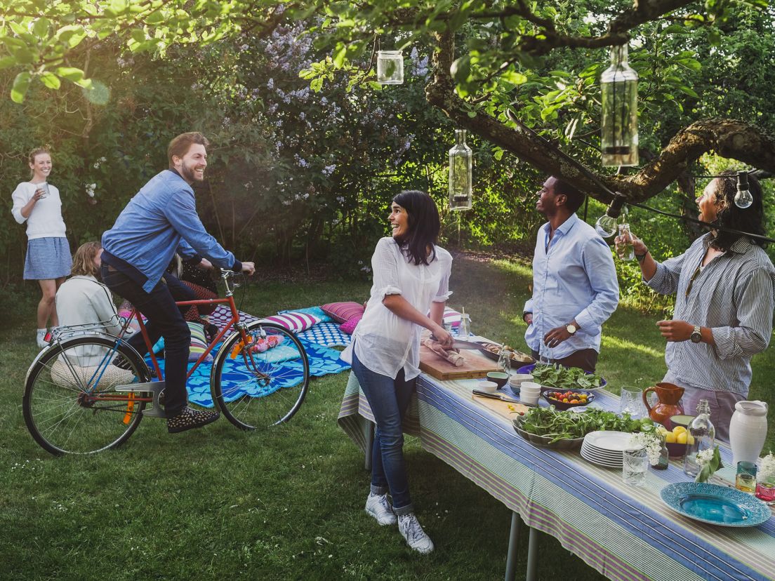 sammankomst av vänner i trädgården