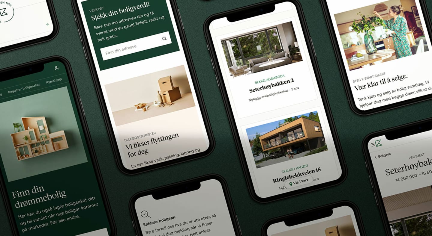 Bilde av Krogsveen sin app på flere telefoner.