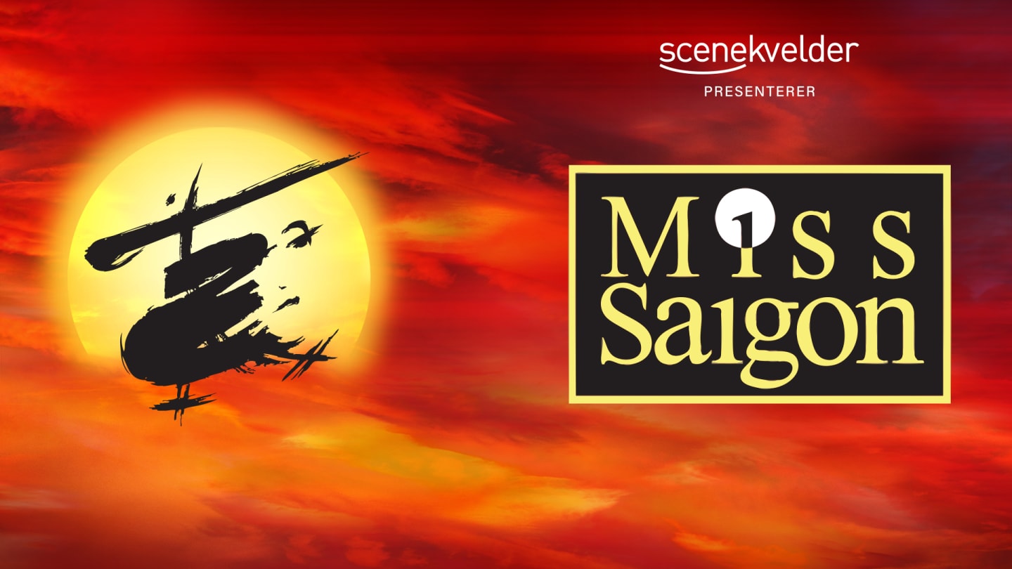 Rødt foto med en gul måne og logoen til Miss Saigon til høyre i gult og sort.