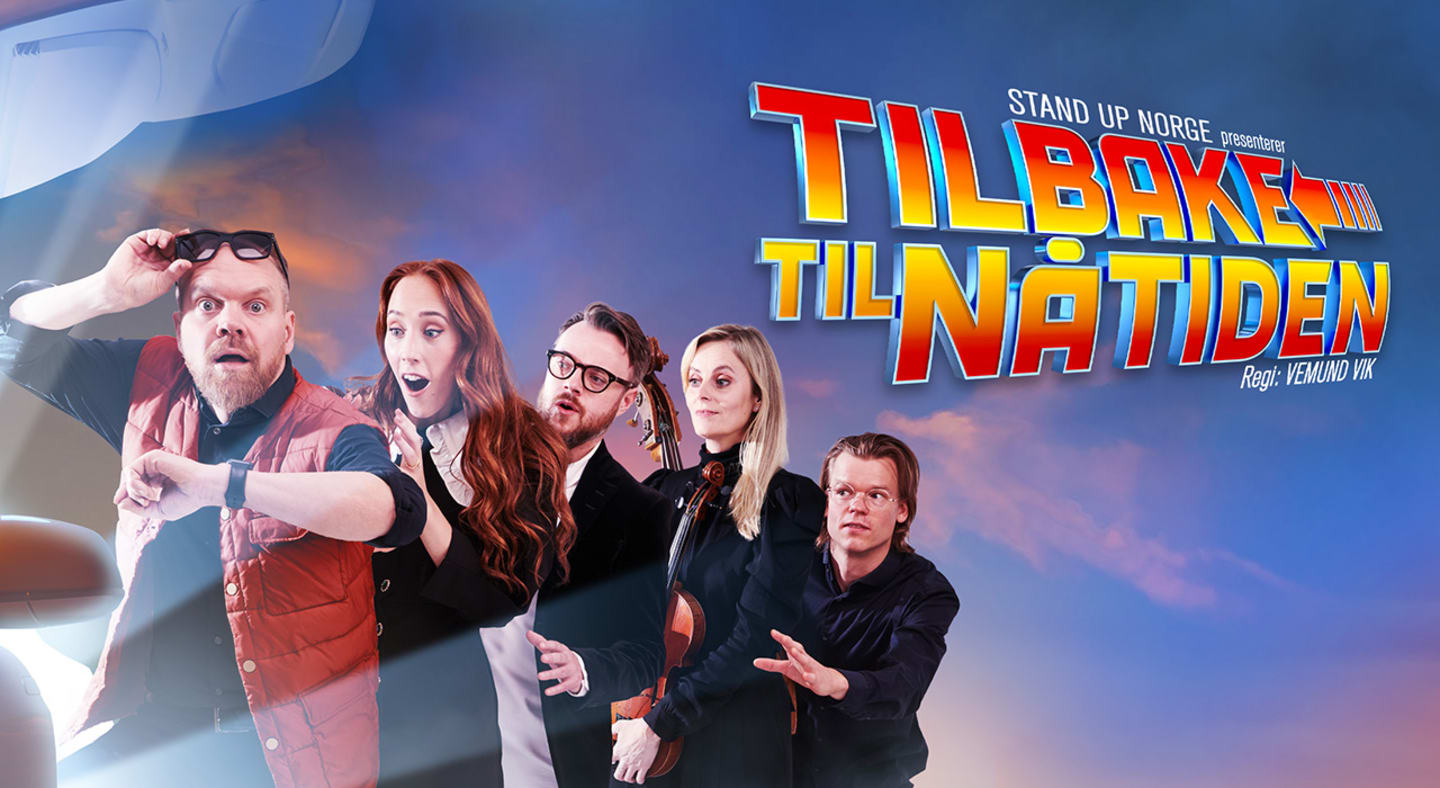 Jon Niklas Rønningen og fire andre personer står bak hverandre. Ser ut som de står i lufta og er overrasket. Showet de presenterer heter Tilbake til nåtiden.