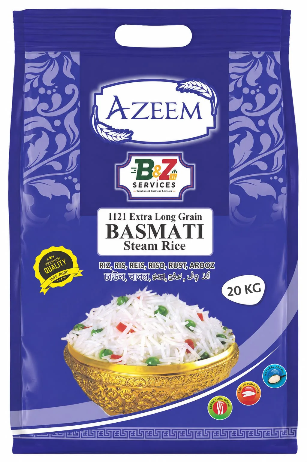 Azeem 1121 Extra Long Grain Basmati Steam Rice (20KG)