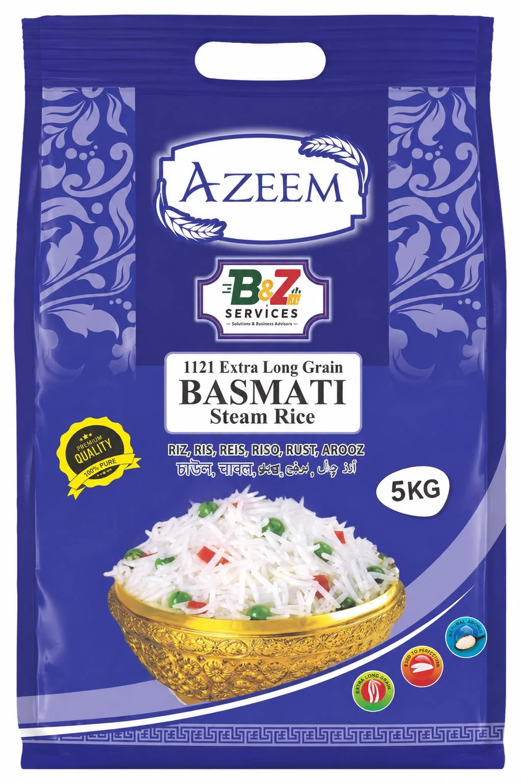 Azeem 1121 Extra Long Grain Basmati Steam Rice (5KG)