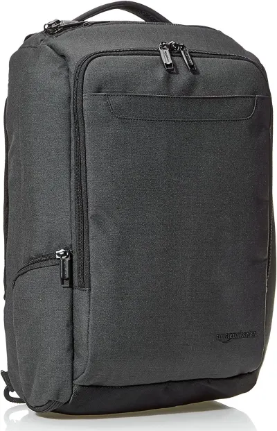 Front facing view of the Amazon Basics Slim Carry On Laptop Travel Overnight Backpack