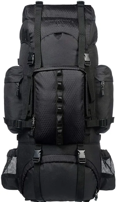 Front facing view of the Amazon Basics Internal Frame Hiking Backpack with Rainfly