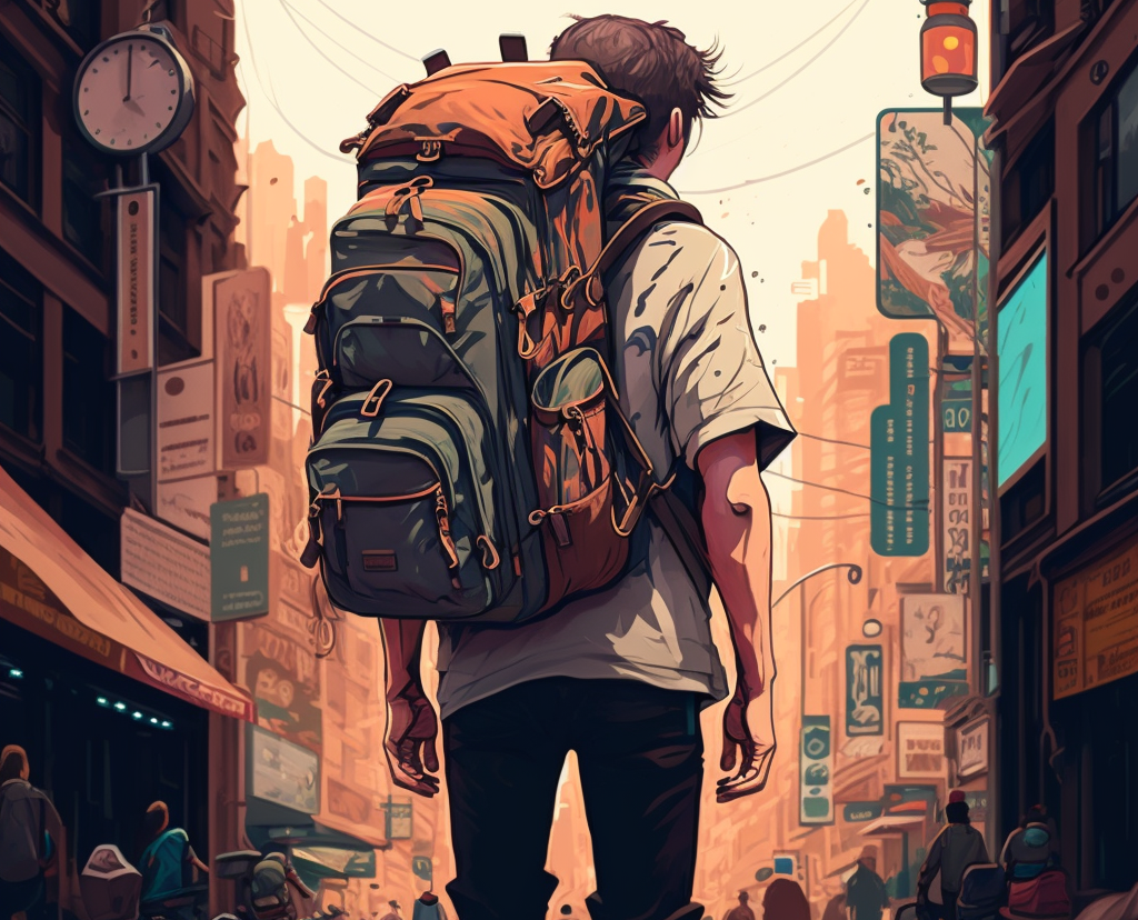 traveler visiting a city with a large travel backpack