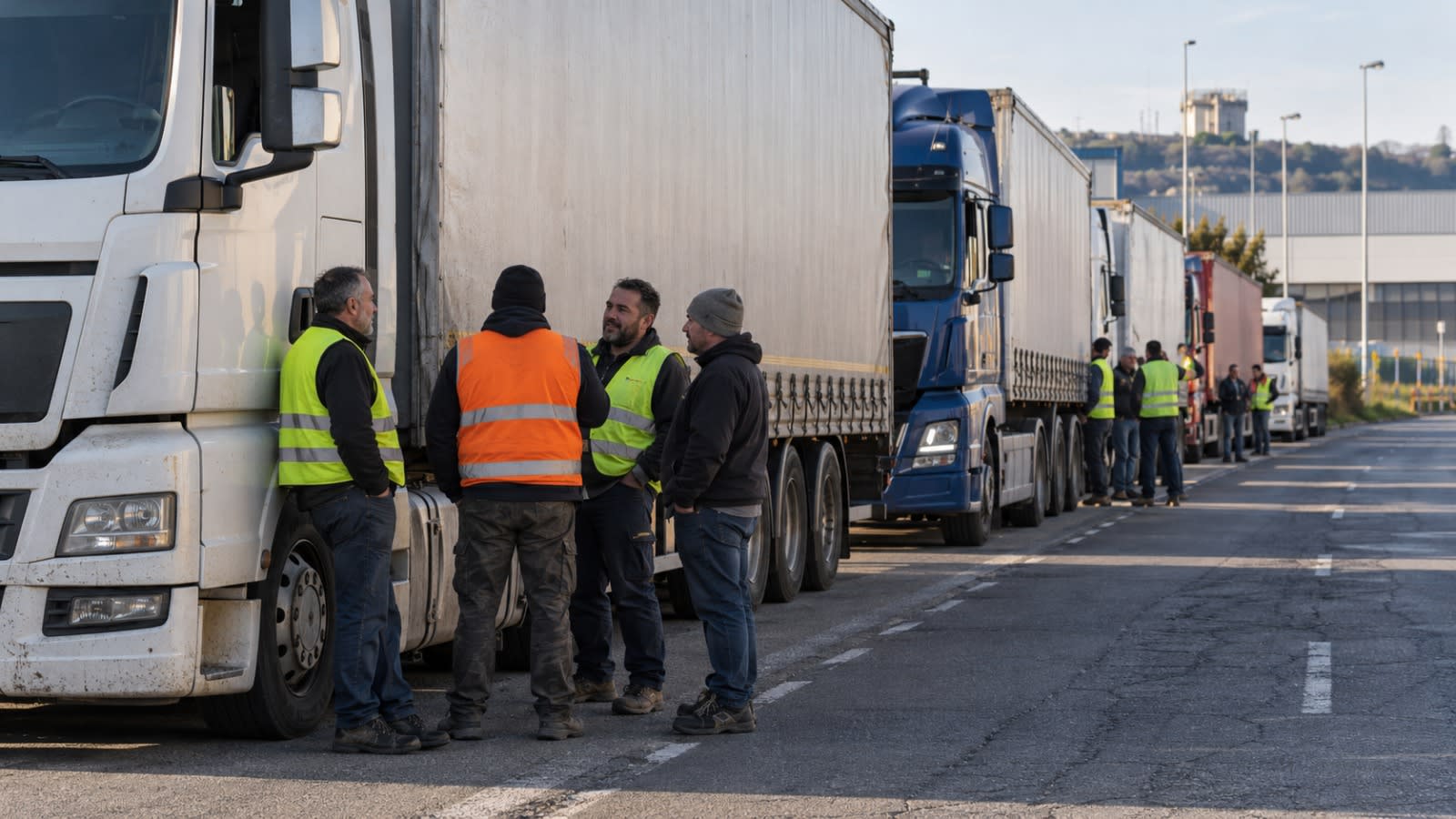 Persone in gilet ad alta visibilità accanto a una fila di camion