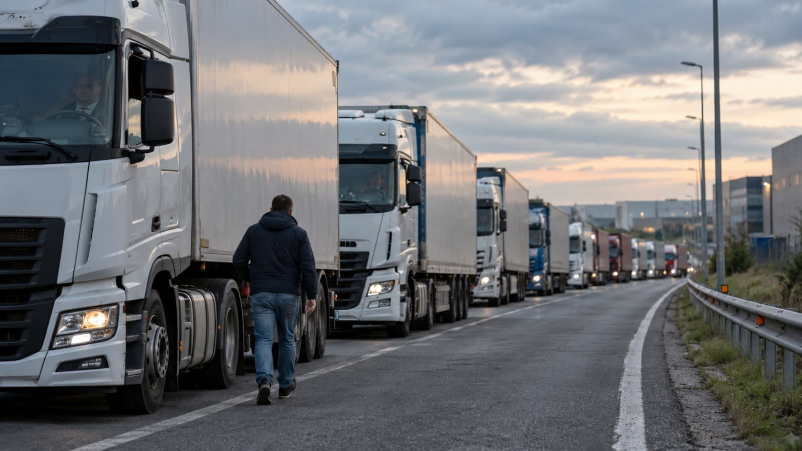 Una persona cammina accanto a una fila di camion sulla strada