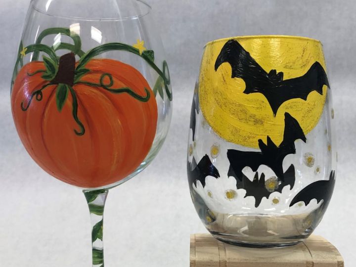 Wine Down Wednesday Includes 1 Drink! Wine Glasses Pumpkin and Bats
