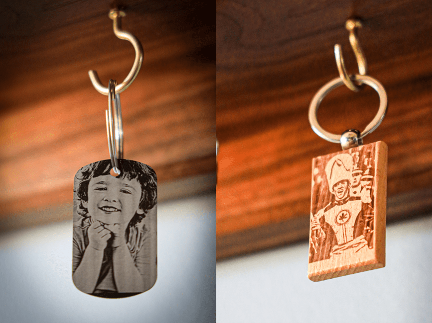 Laser Engraved Metal and Wood Keychains Photo
