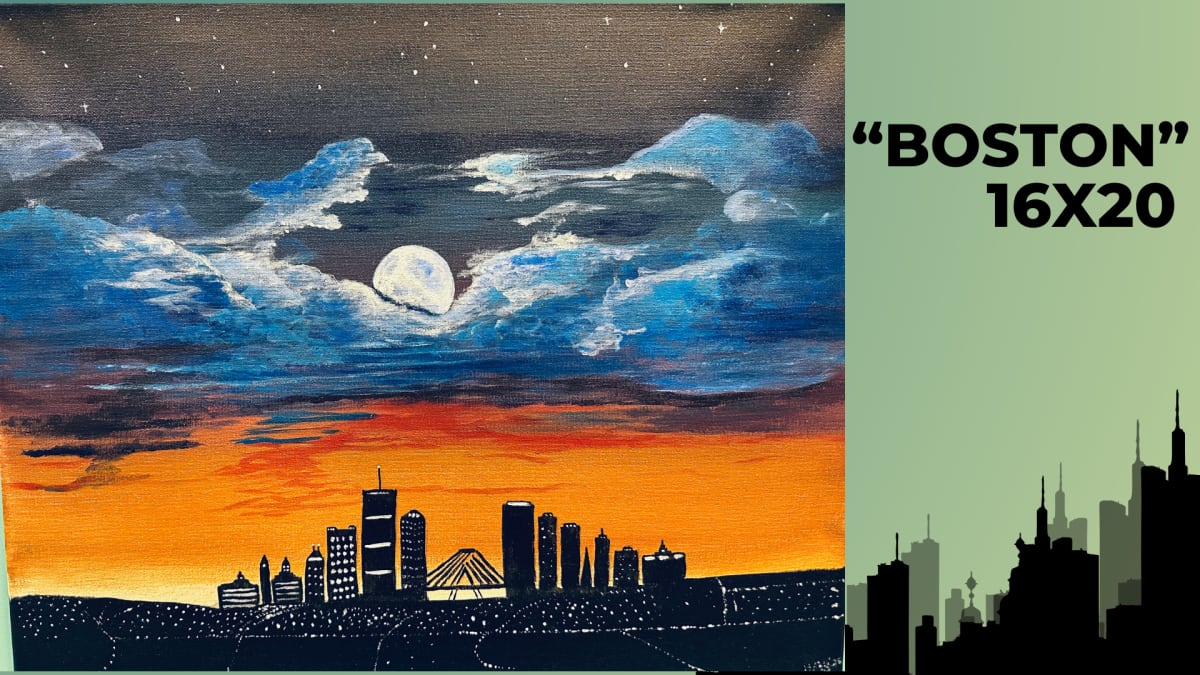 🍷🌙 Boston Skyline: In-studio Paint & Sip Night! Photo