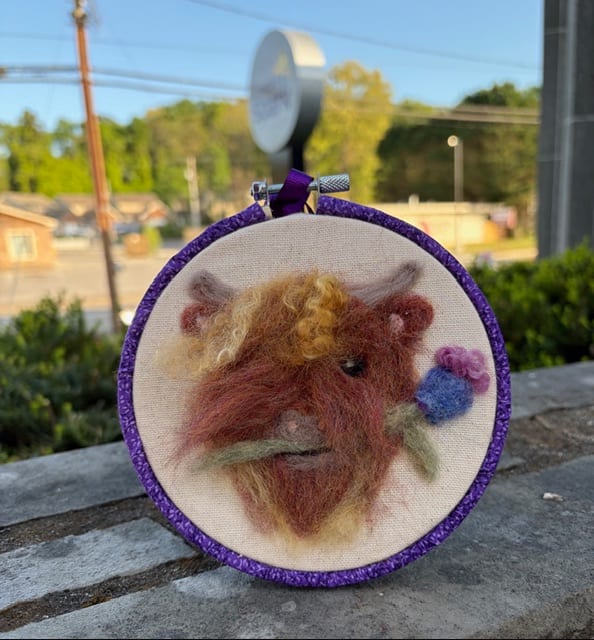 Needle Felted Highland Coo — 2D Hoop Art Photo