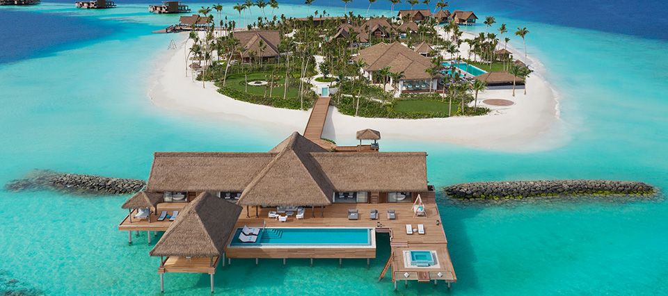 Aerial view over Waldorf Astoria Maldives