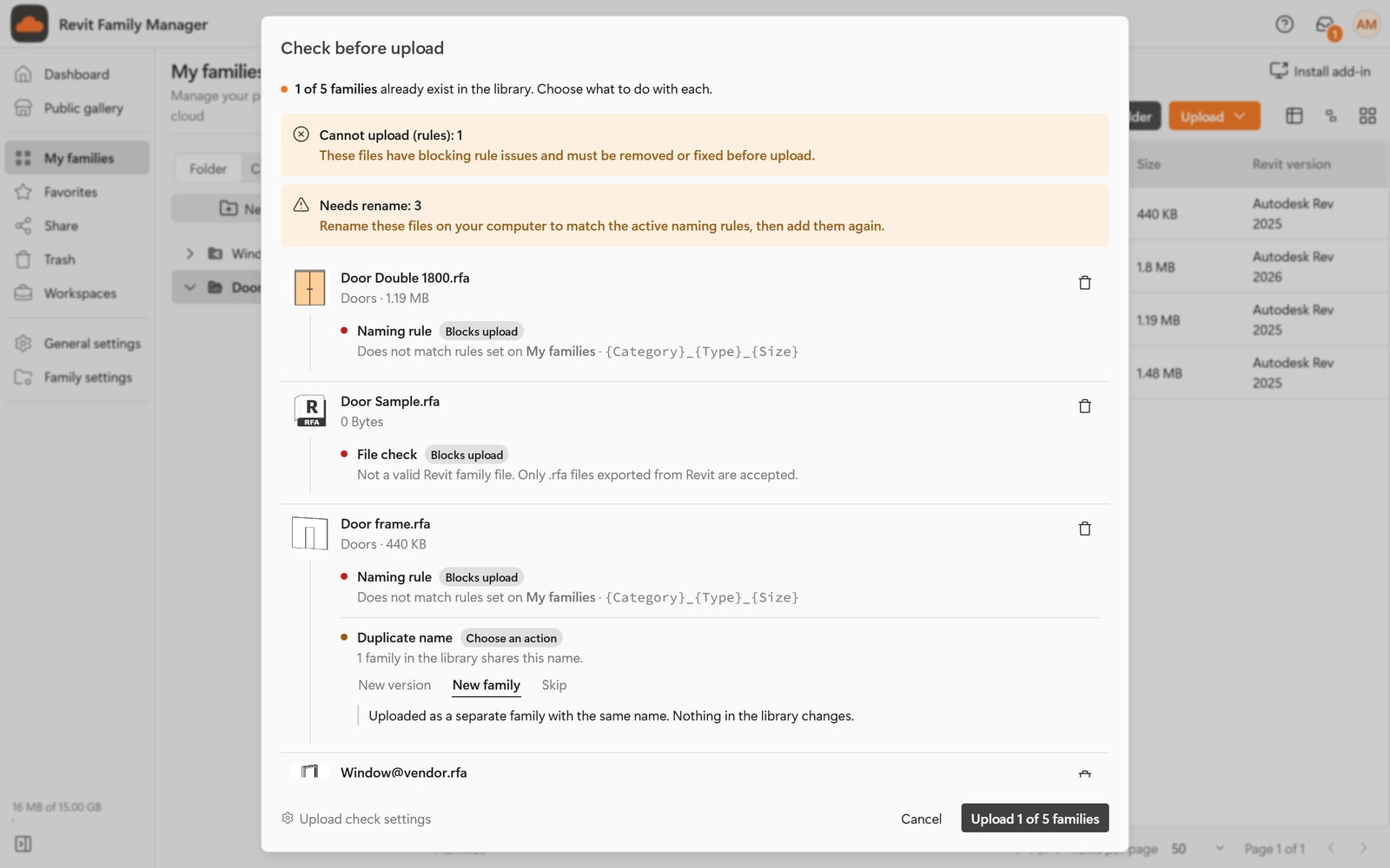 The Check before upload window listing several families with rule results and duplicate choices