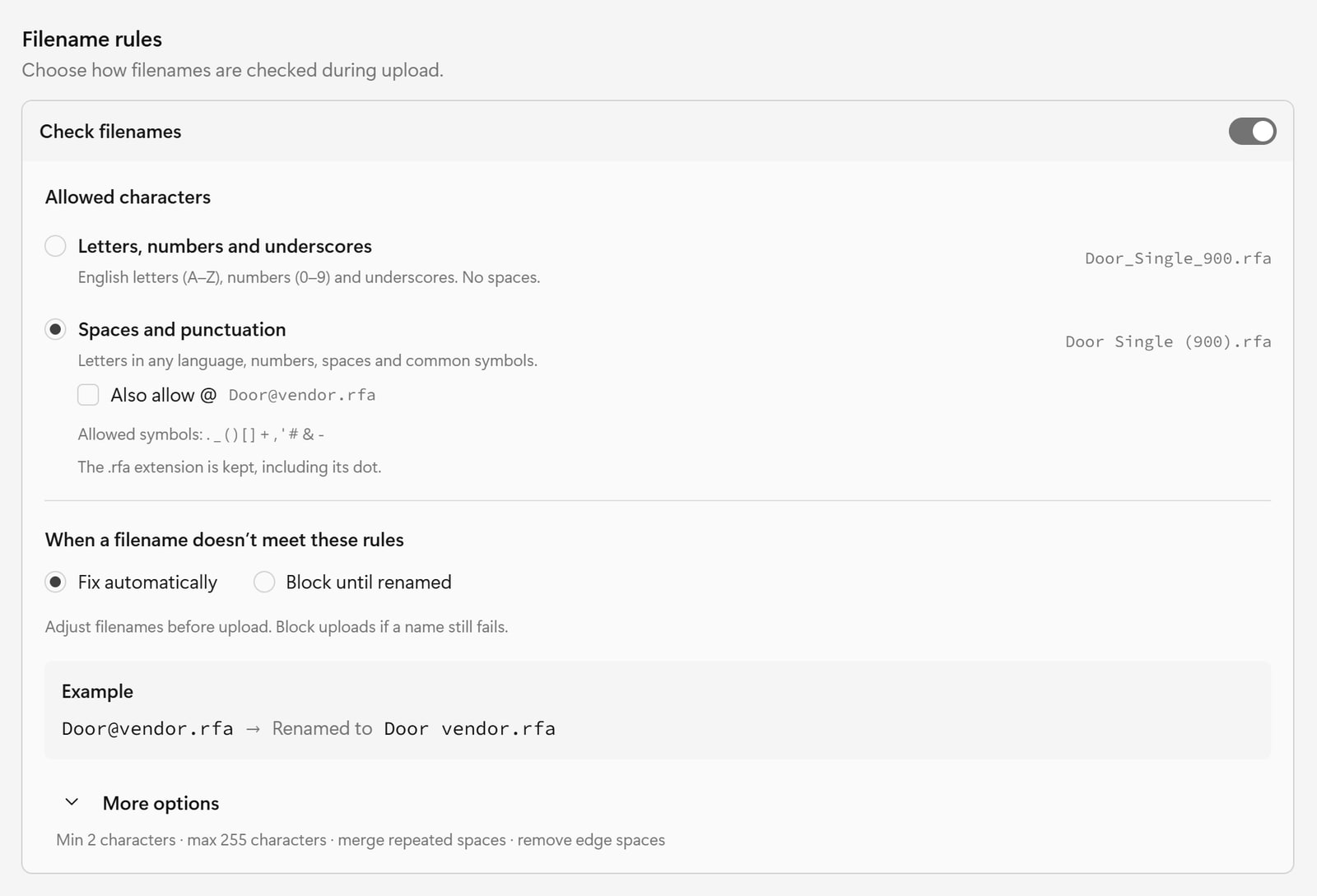 The Filename rules block with Check filenames on, Allowed characters, the fix or block choice and an example