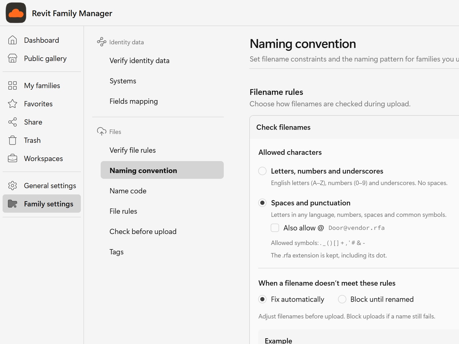 The Family settings menu with the Files and Identity data groups