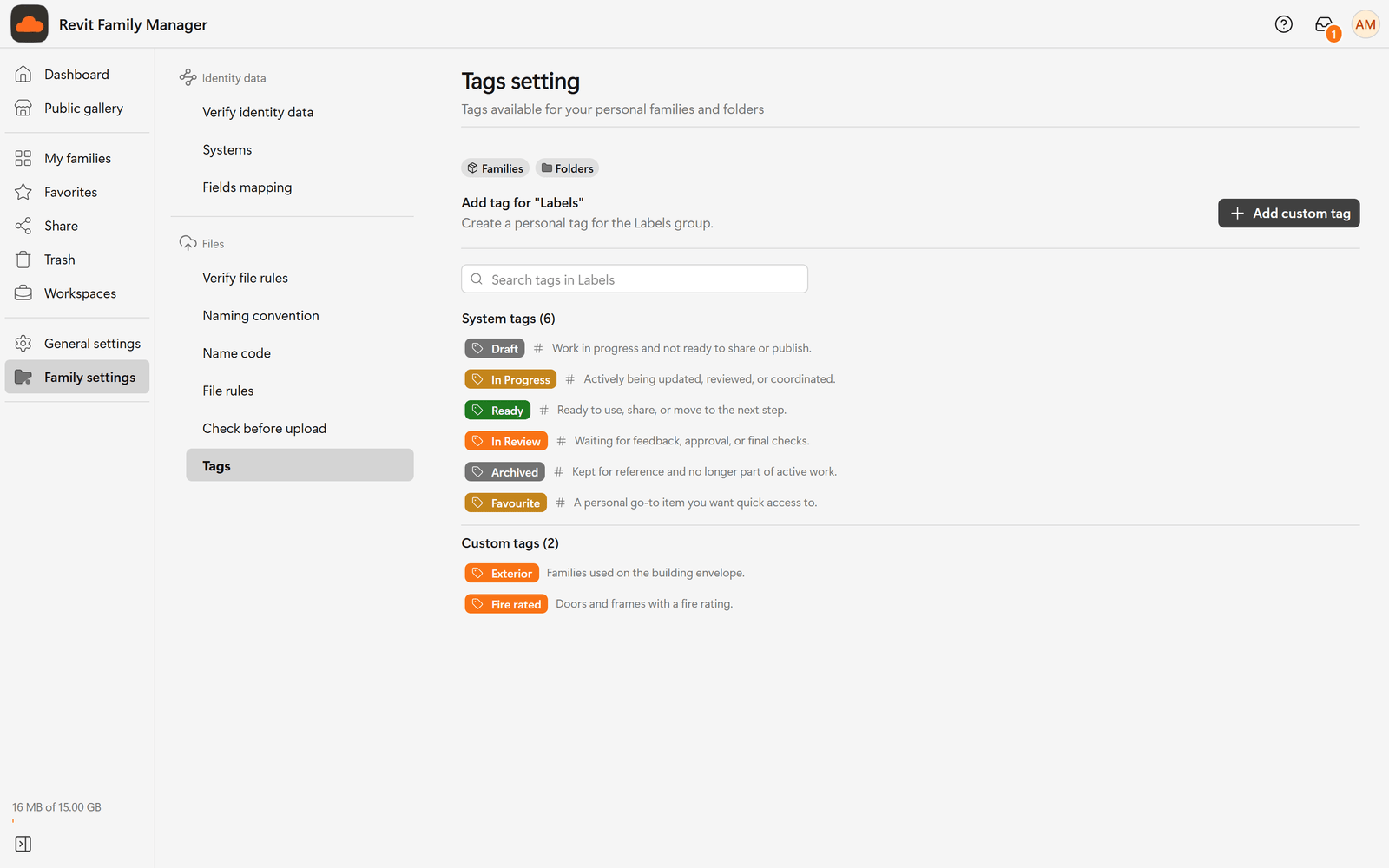 The Tags settings page with group tabs and a list of tags
