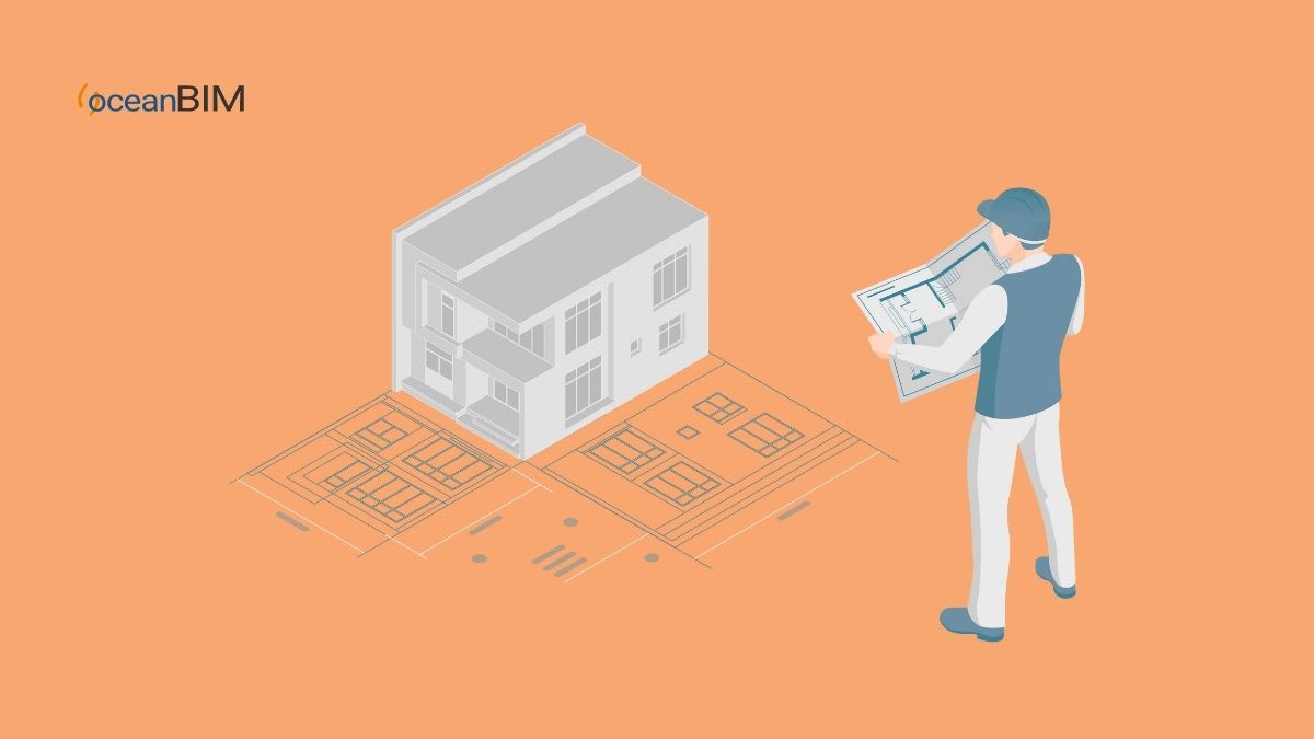 Illustration of an engineer reading a plan beside a 3D house model