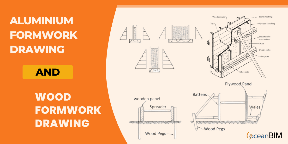 Aluminium formwork drawing and wood formwork drawing, with wooden panel, spreader, battens, wales and pegs labelled
