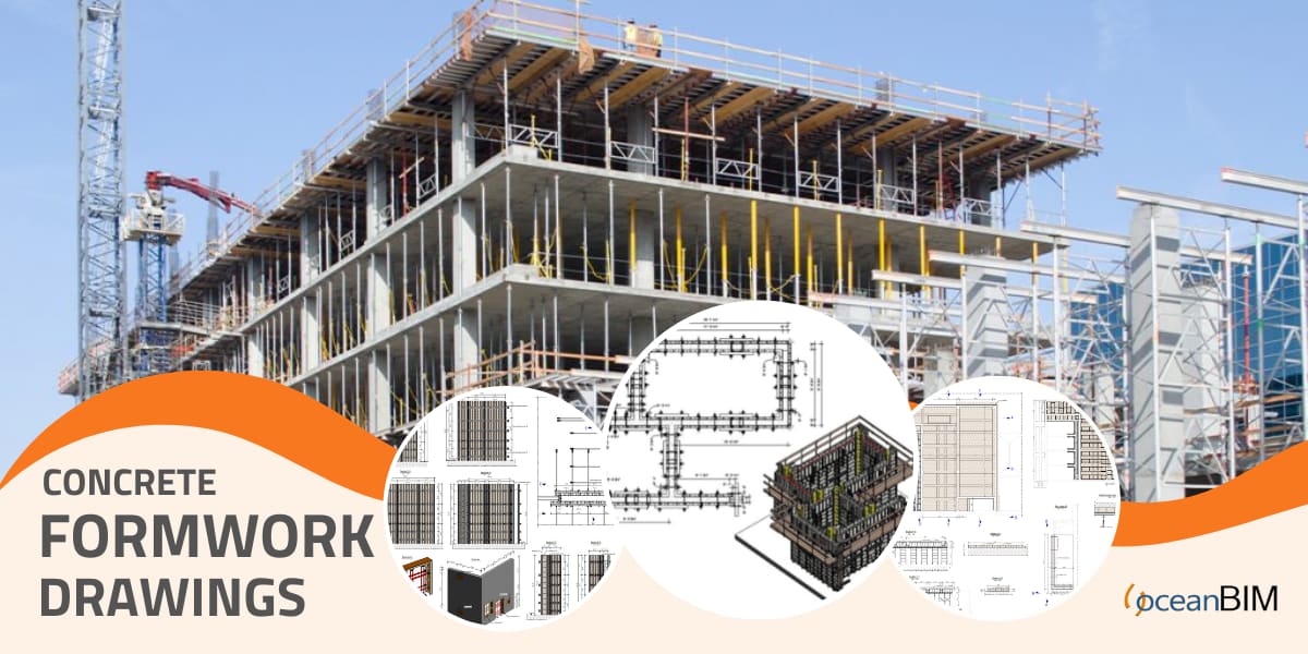 Concrete formwork drawings: a building under construction with formwork drawing details