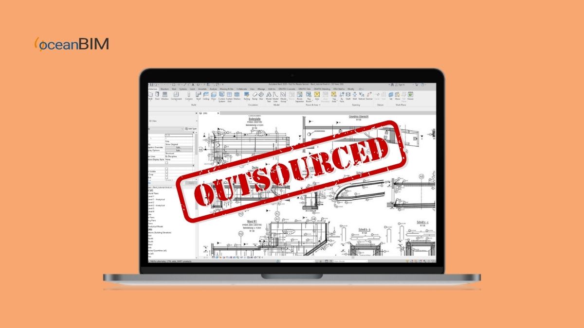 Laptop showing a rebar drawing stamped OUTSOURCED