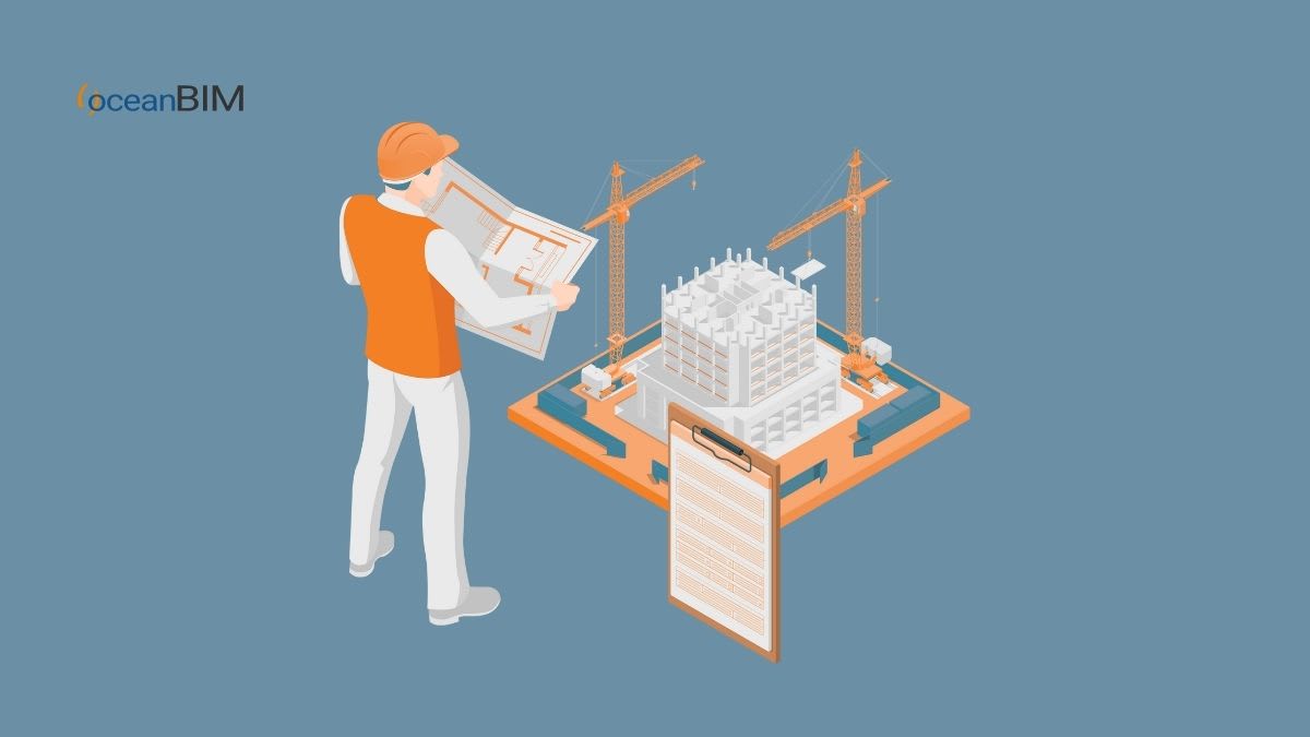Illustration of an engineer checking drawings next to a building under construction