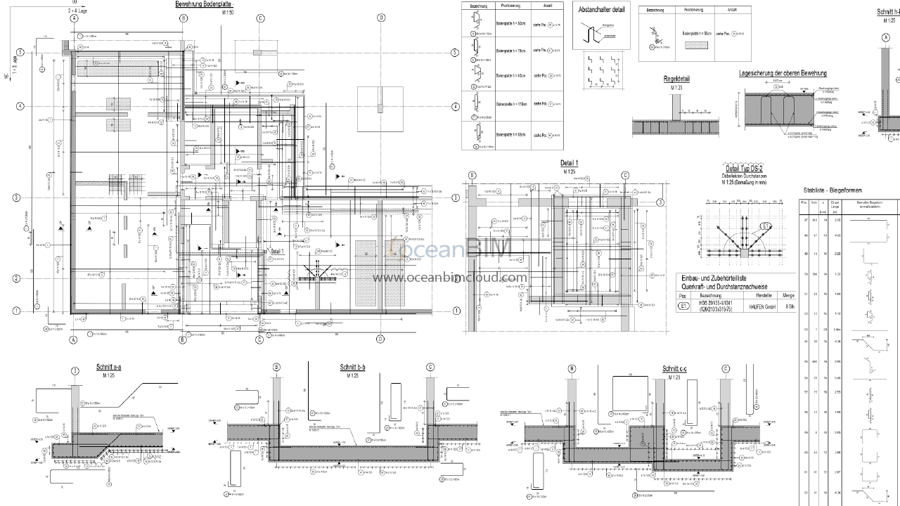 Reinforcement plan (Bewehrungsplan) with sections and a bar schedule