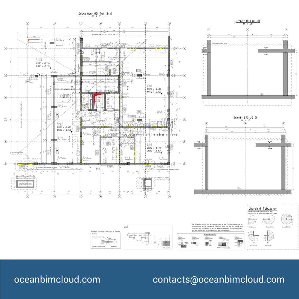 Slab formwork plan (Schalplan Decke) with sections