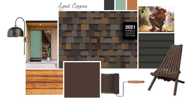 aged copper roof shingles, 2021 shingle color of the year, grapevine pro, owens corning