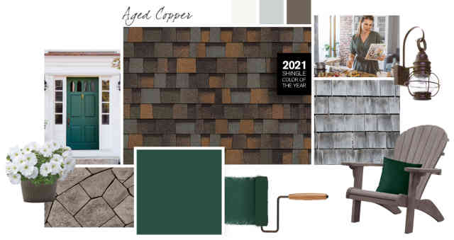aged copper roof shingles, 2021 shingle color of the year, grapevine pro, owens corning