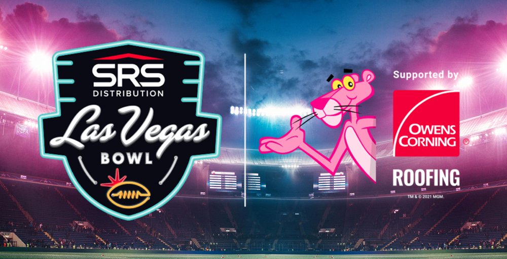 SRS Las Vegas Bowl logo with the Pink Panther™ and Owens Corning logo atop a sports stadium at night