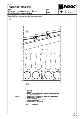 Yläpohjat, Harjakatot, Kantava ontelolaatta puupukeilla, Puhallusvillaeristysratkaisu (YP-PR-20.01)
