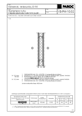 Väliseinät, Teräsrunko, EI 90, Yksinkertainen runko, 2-kipsilevykerrosta molemmin puolin (VS-PW-10.02)