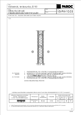 Väliseinät, Teräsrunko, EI 90, Erillisrunko (sik-sak), 2-kipsilevykerrosta molemmin puolin (VS-PW-10.03)