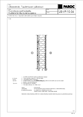 Ulkoseinät, Tuulettuvat julkisivut, Puurunko puuverhouksella, Puolilämmin tila, tuulensuojalevy (US-VF-10.04)