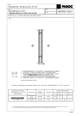 Väliseinät, Teräsrunko, EI 30 / EI 60, Yksinkertainen runko, 1-kipsilevykerros molemmin puolin (VS-PW-10.01)