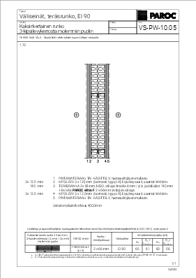 Väliseinät, Teräsrunko, EI 90, Kaksinkertainen runko, 3-kipsilevykerrosta molemmin puolin (VS-PW-10.05)
